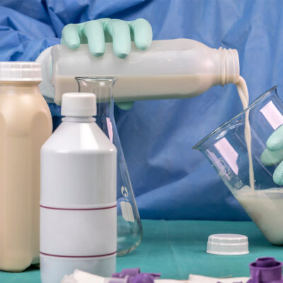 Nurse filling bottle supply in team of enteral nutrition, palliative care in hospital, conceptual image